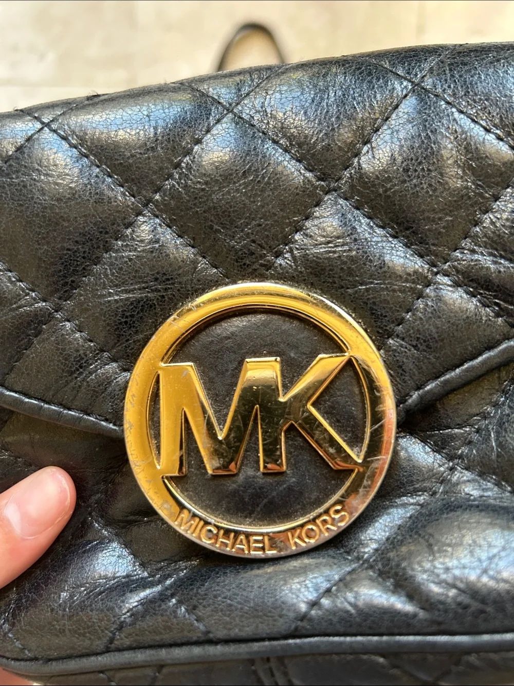 Michael Kors Black Quilted Leather Mini Crossbody with Gold MK Emblem